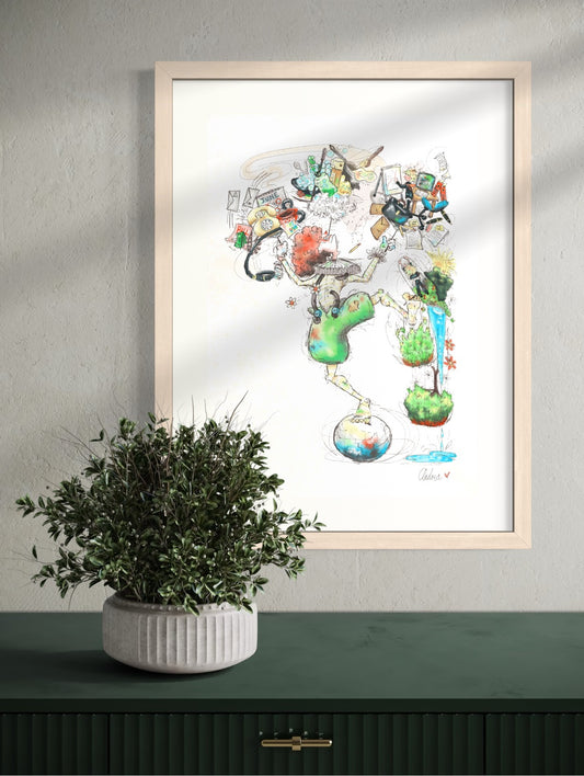 Natural wood A3 clown art print on a sunlit grey wall above a dark green fluted sideboard with a boxwood plant in a ribbed terracotta pot.