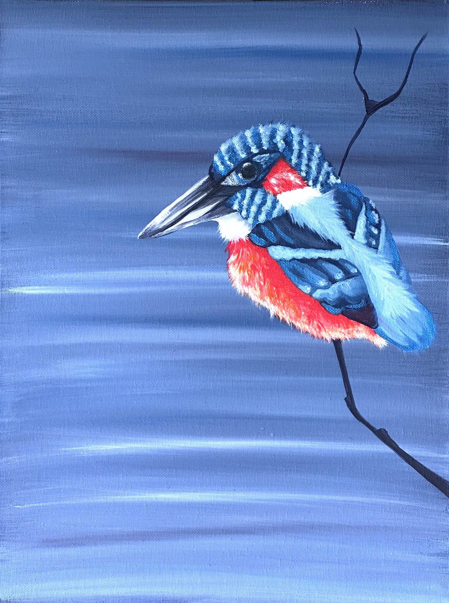 Acrylic painting of a kingfisher perched on a bare branch, blue feathers and rust red chest against a layered blue grey background.
