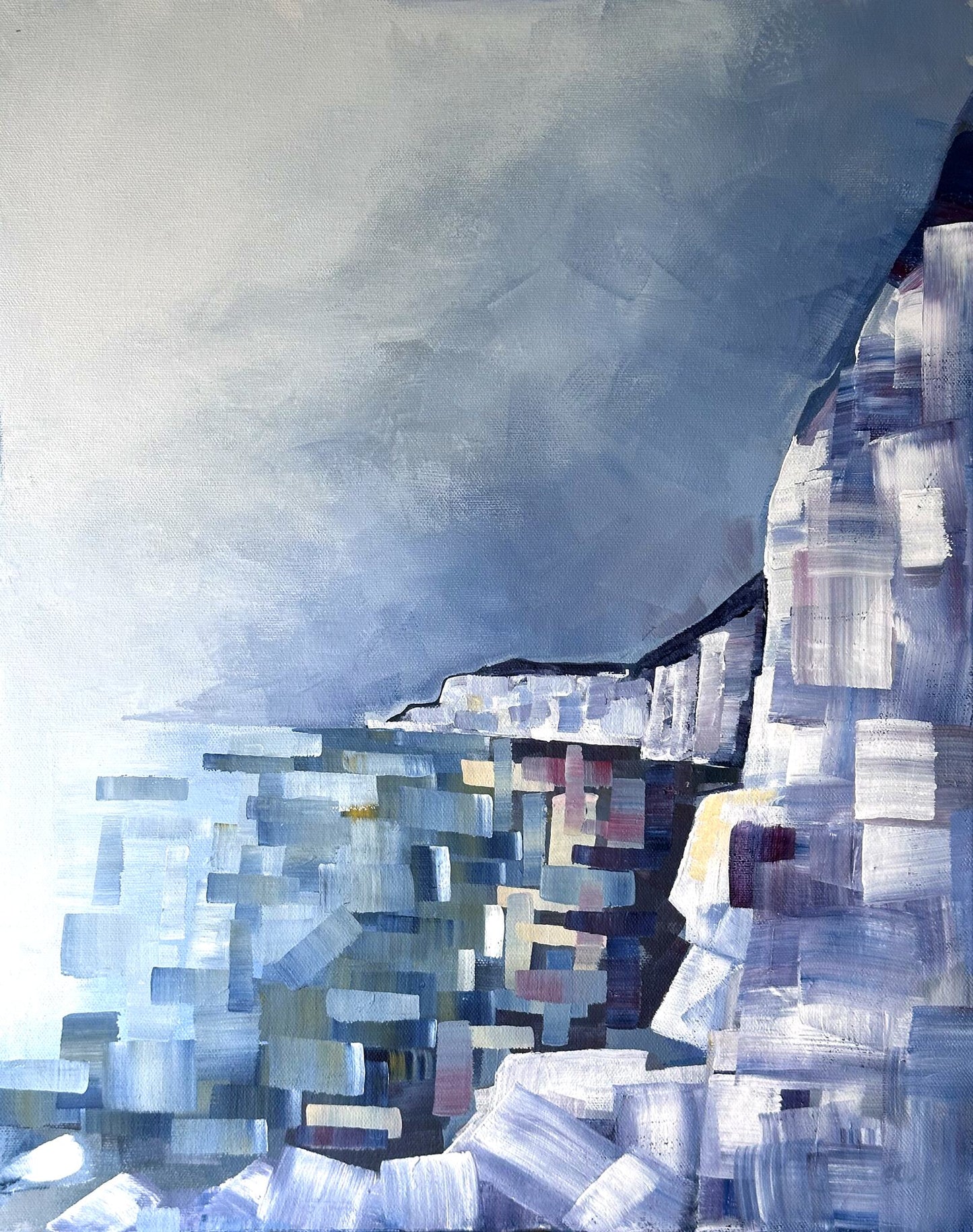 Expressive acrylic painting of the White Cliffs in soft blues, grey and chalk white with loose layered brushwork.