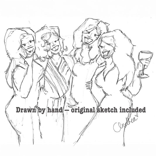 Pencil sketch of four women together for a commissioned group portrait, with a text overlay noting the original sketch is included with the order.