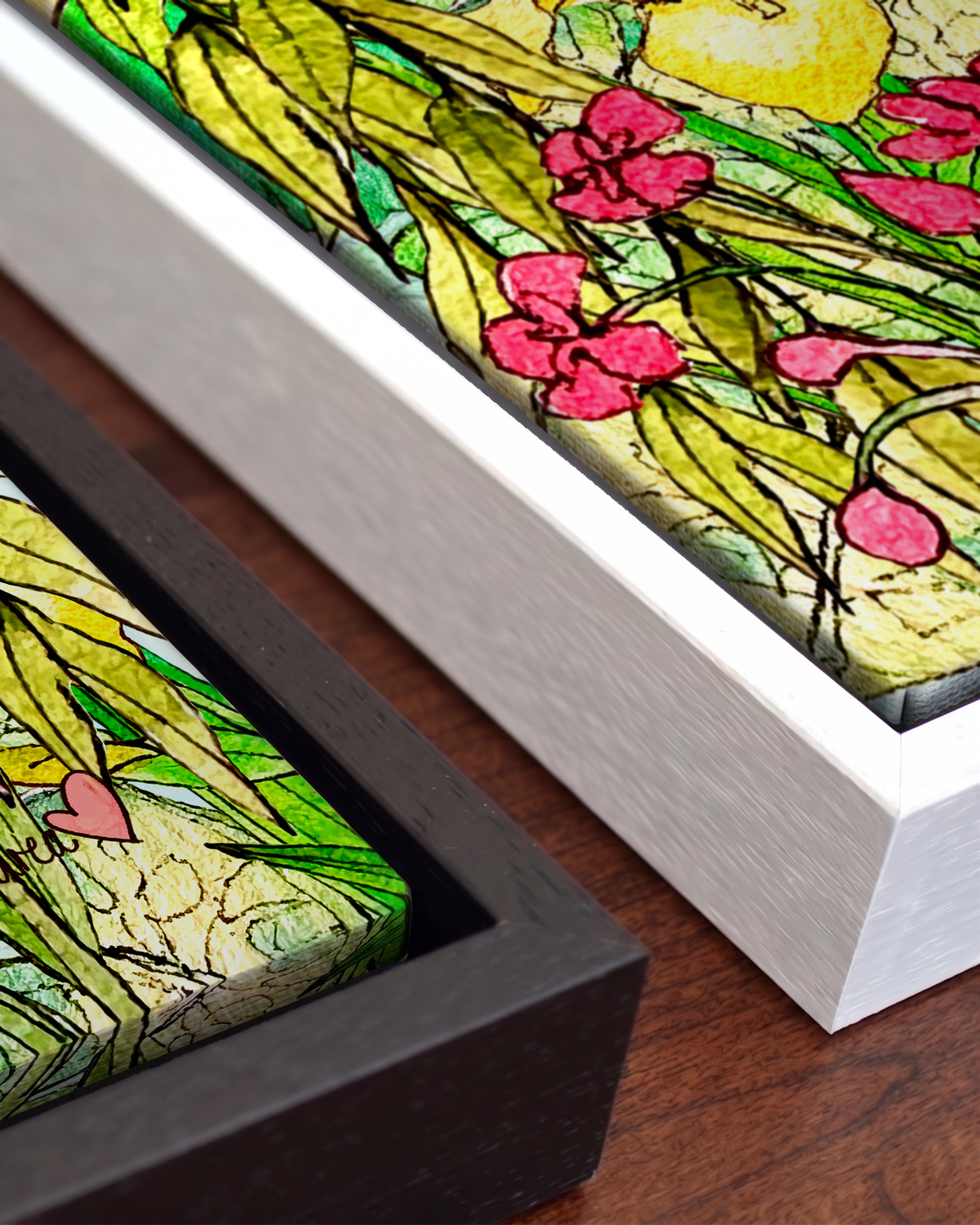 Andrea Nicole 'Halcyon River' gallery canvas in a tray float frame — close detail of the floating edge and frame moulding. | an:family=canvas;role=hero