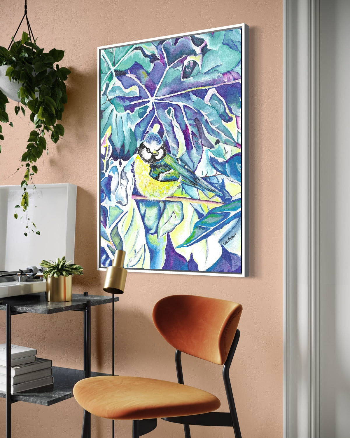 Andrea Nicole 'Taking Flight' fine art canvas in a white tray float frame, shown on the wall in a styled room setting. | an:family=canvas;role=hero;finish=white;scene=white_3