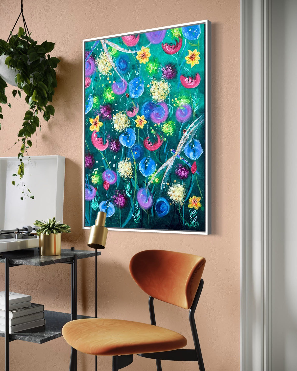 Andrea Nicole 'Things Still Bloomed' fine art canvas in a white tray float frame, shown on the wall in a styled room setting. | an:family=canvas;role=hero;finish=white;scene=white_3