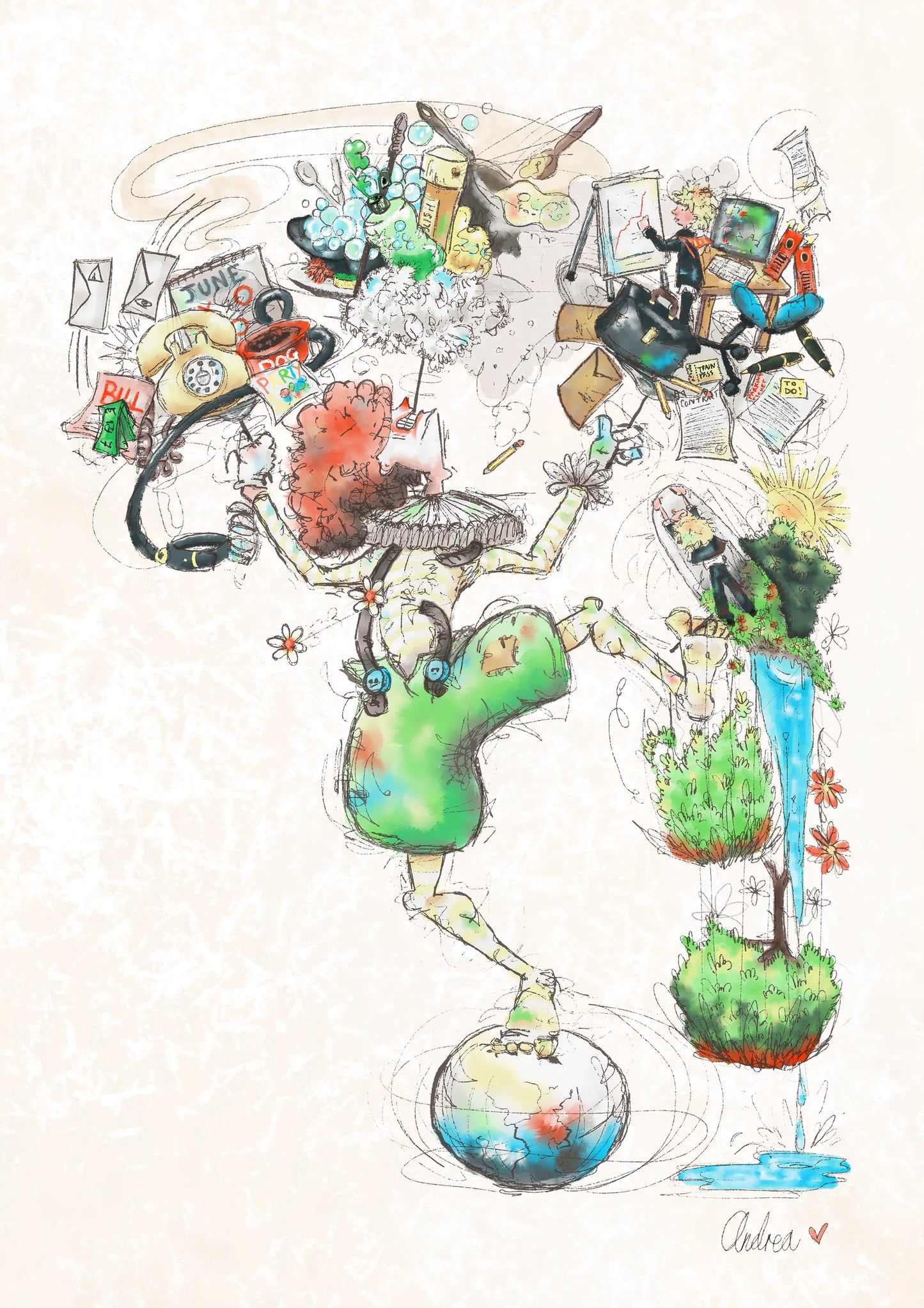 Surreal digital art print of a clown balancing on a globe, juggling the chaos of everyday life and a blossoming garden, by Andrea Nicole. | an:role=art