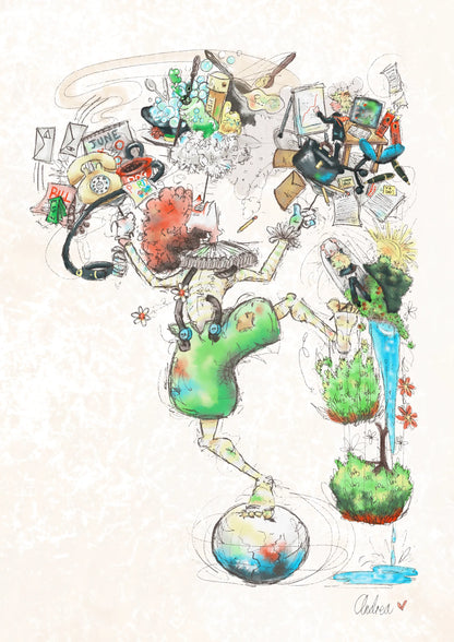 Surreal digital art print of a clown balancing on a globe, juggling the chaos of everyday life and a blossoming garden, by Andrea Nicole. | an:role=art