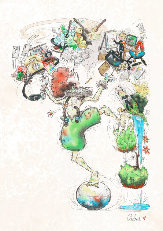 Surreal digital art print of a clown balancing on a globe, juggling the chaos of everyday life and a blossoming garden, by Andrea Nicole.