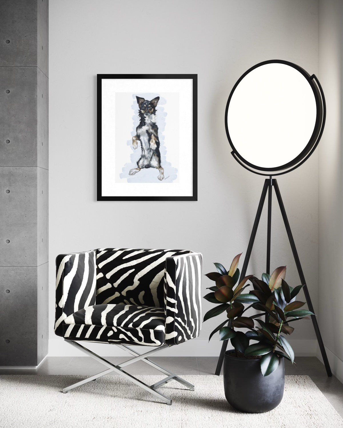 Hand-drawn pet portrait of Bruno the dog in a black frame.