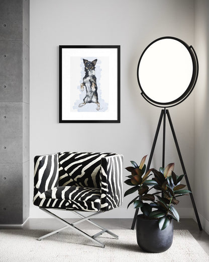 Hand-drawn pet portrait of Bruno the dog in a black frame.