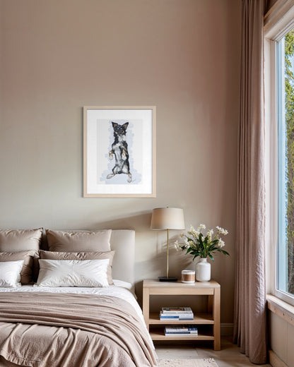 Hand-drawn pet portrait of Bruno the dog in a natural wood frame.