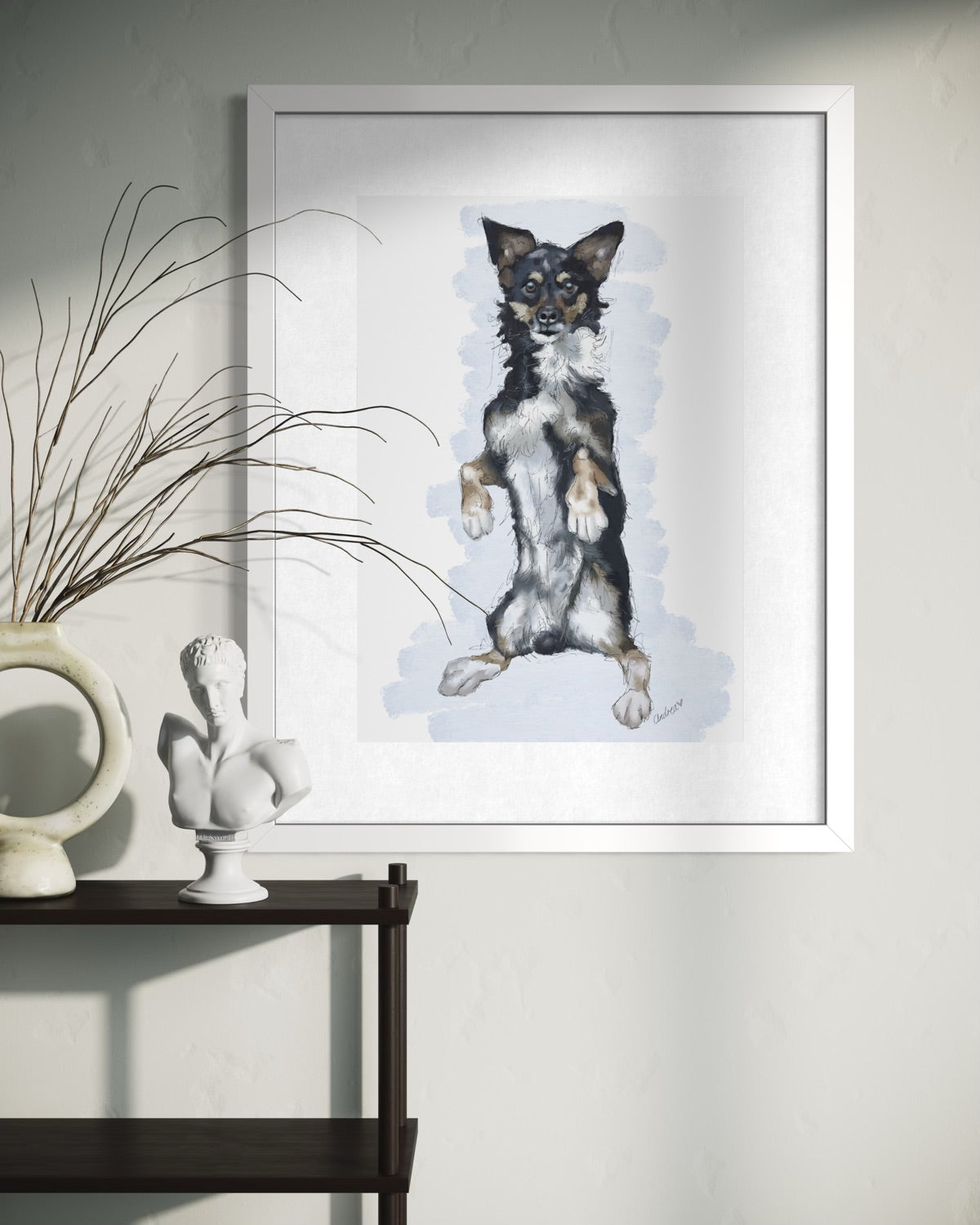 Hand-drawn pet portrait of Bruno the dog in a white frame.