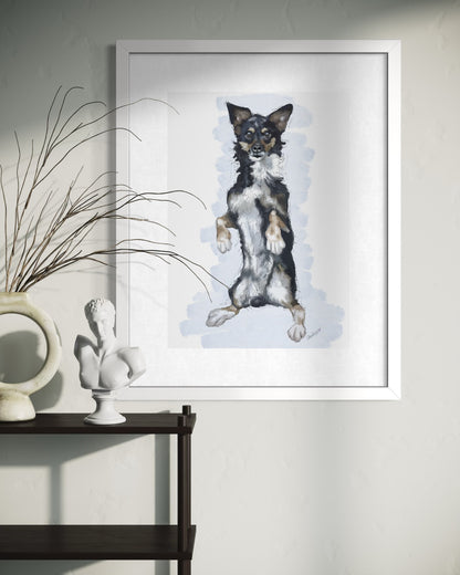 Hand-drawn pet portrait of Bruno the dog in a white frame.