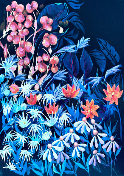 Dark floral acrylic painting with coral, orange and white blooms and deep blue foliage on a midnight blue background. | an:role=art