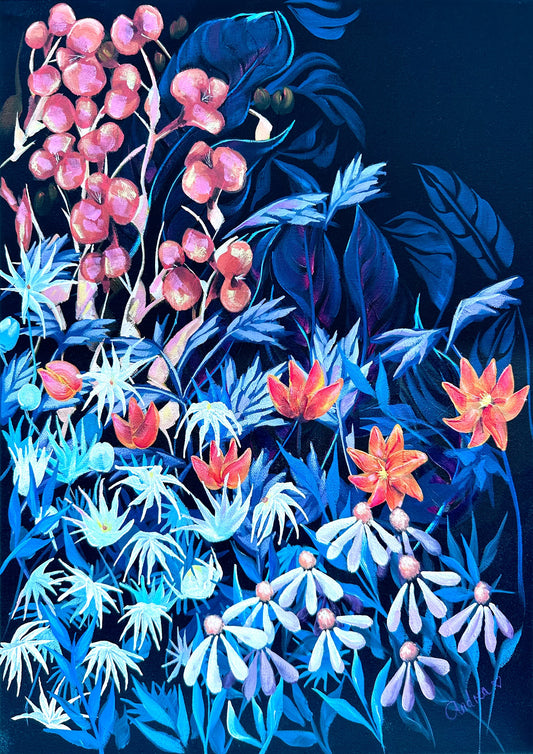 Dark floral acrylic painting with coral, orange and white blooms and deep blue foliage on a midnight blue background.