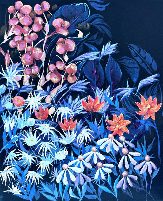 Dark floral acrylic painting with coral, orange and white blooms and deep blue foliage on a midnight blue background.