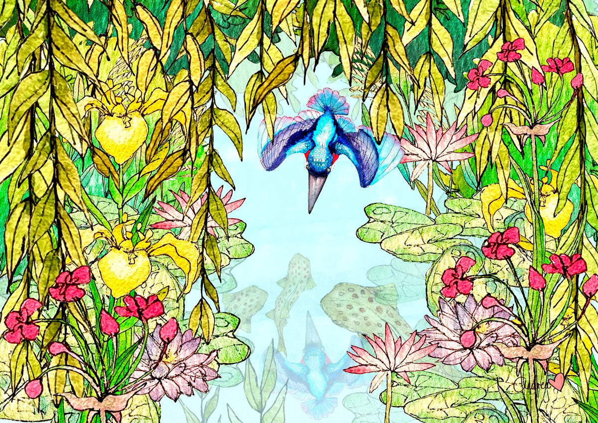 Mixed media art print of a kingfisher above a river with brown trout below and layered willow leaves lotus and pink flowers. | an:role=art