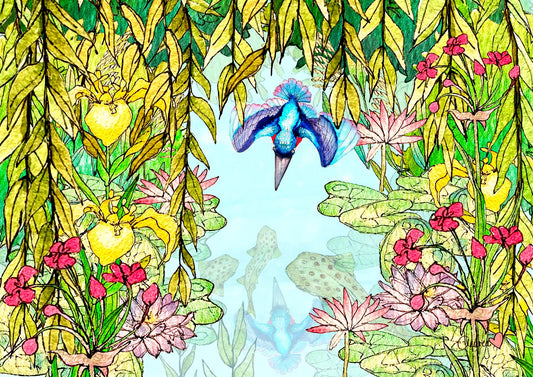 Mixed media art print of a kingfisher above a river with brown trout below and layered willow leaves lotus and pink flowers. | an:role=art