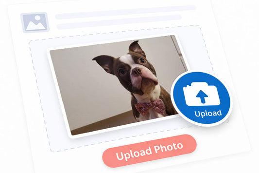 Upload interface graphic for a pet portrait commission showing a dog with a pink sparkly bow tie inside a dashed upload border.