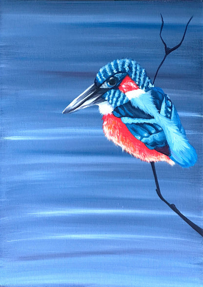 Acrylic painting of a kingfisher perched on a bare branch, blue feathers and rust red chest against a layered blue grey background. | an:role=art