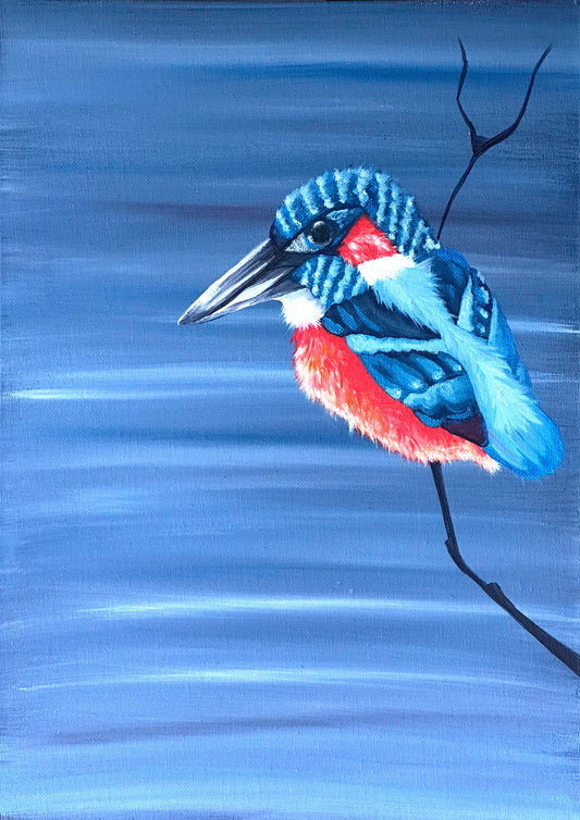 Acrylic painting of a kingfisher perched on a bare branch, blue feathers and rust red chest against a layered blue grey background.