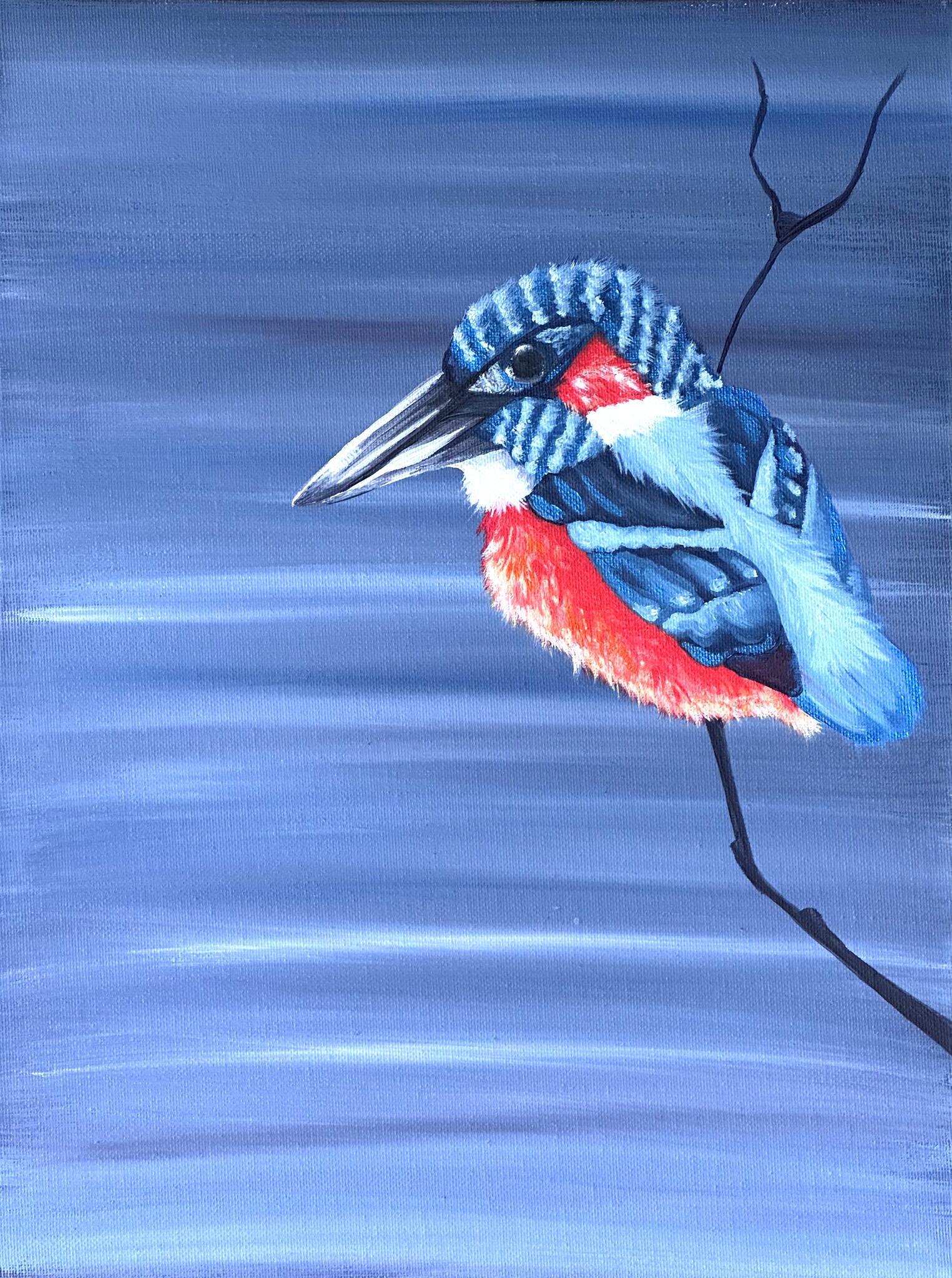 Acrylic painting of a kingfisher perched on a bare branch, blue feathers and rust red chest against a layered blue grey background.