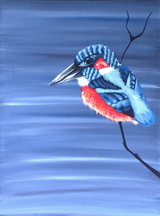 Acrylic painting of a kingfisher perched on a bare branch, blue feathers and rust red chest against a layered blue grey background.