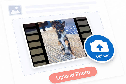 Upload interface graphic for a pet portrait commission showing a small dog sitting on its hind legs inside a dashed upload border.