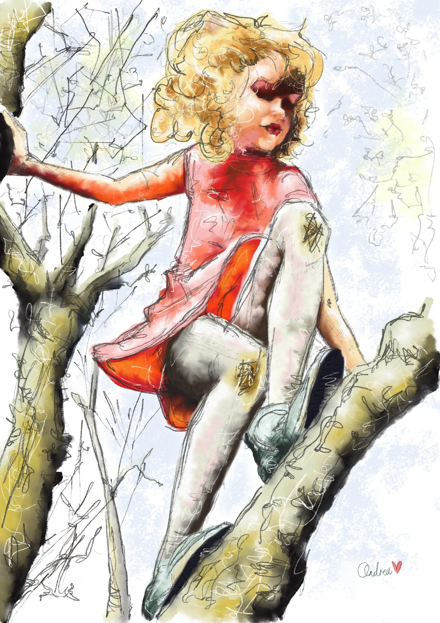Digital illustration of a girl climbing a willow tree in a red dress, scuffed knees and dark boots, hand drawn by Andrea Nicole. | an:role=art