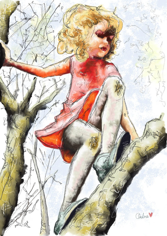 Digital illustration of a girl climbing a willow tree in a red dress, scuffed knees and dark boots, hand drawn by Andrea Nicole.