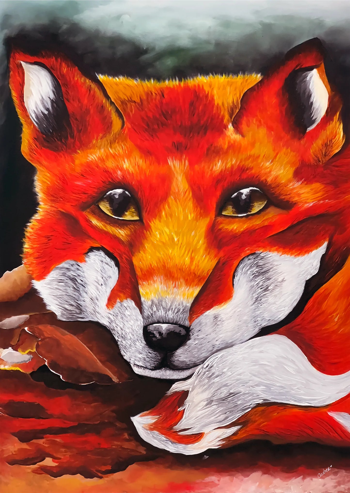 Original acrylic red fox painting, a portrait of a fox resting on autumn leaves with amber eyes looking up, by Andrea Nicole. | an:role=art
