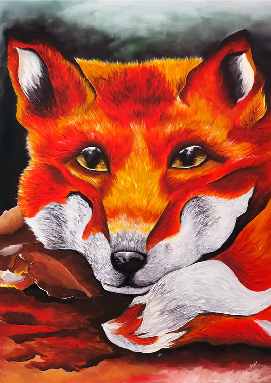 Original acrylic red fox painting, a portrait of a fox resting on autumn leaves with amber eyes looking up, by Andrea Nicole.