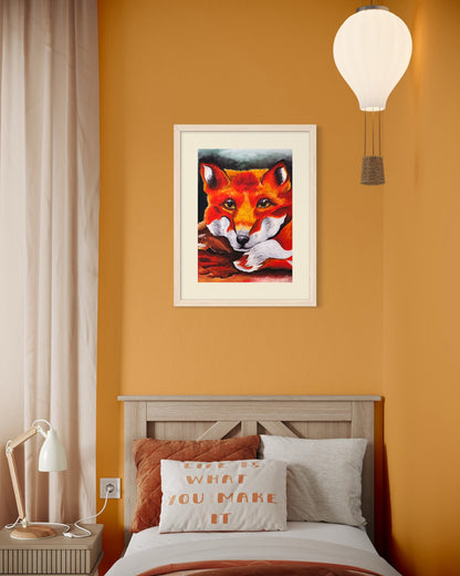 Natural wood A2 red fox art print on a warm mustard ochre bedroom wall above a whitewashed bed with a paper hot air balloon pendant lamp.