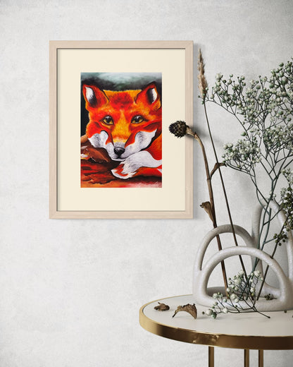 Natural wood A4 red fox art print on a pale ivory plaster wall beside a brass marble side table with a sculptural loop vase and dried gypsophila.