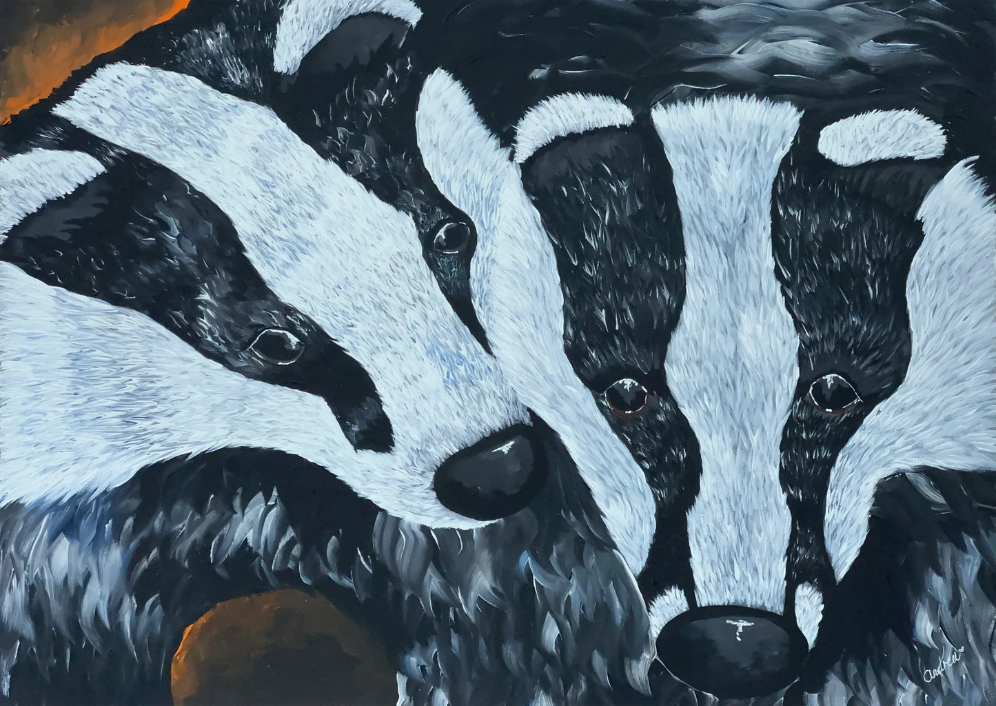 Original acrylic painting of two badgers nuzzling close together at night, striped faces softly lit by moonlight, by Andrea Nicole. | an:role=art