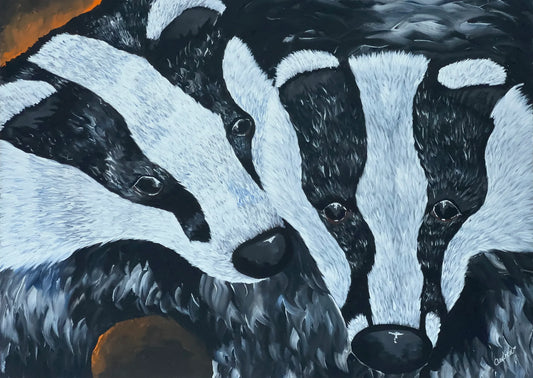 Original acrylic painting of two badgers nuzzling close together at night, striped faces softly lit by moonlight, by Andrea Nicole.