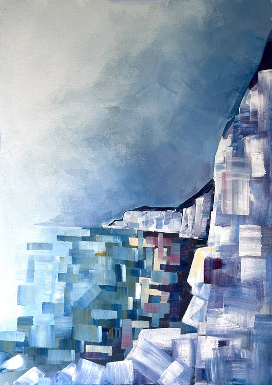 Expressive acrylic painting of the White Cliffs in soft blues, grey and chalk white with loose layered brushwork.