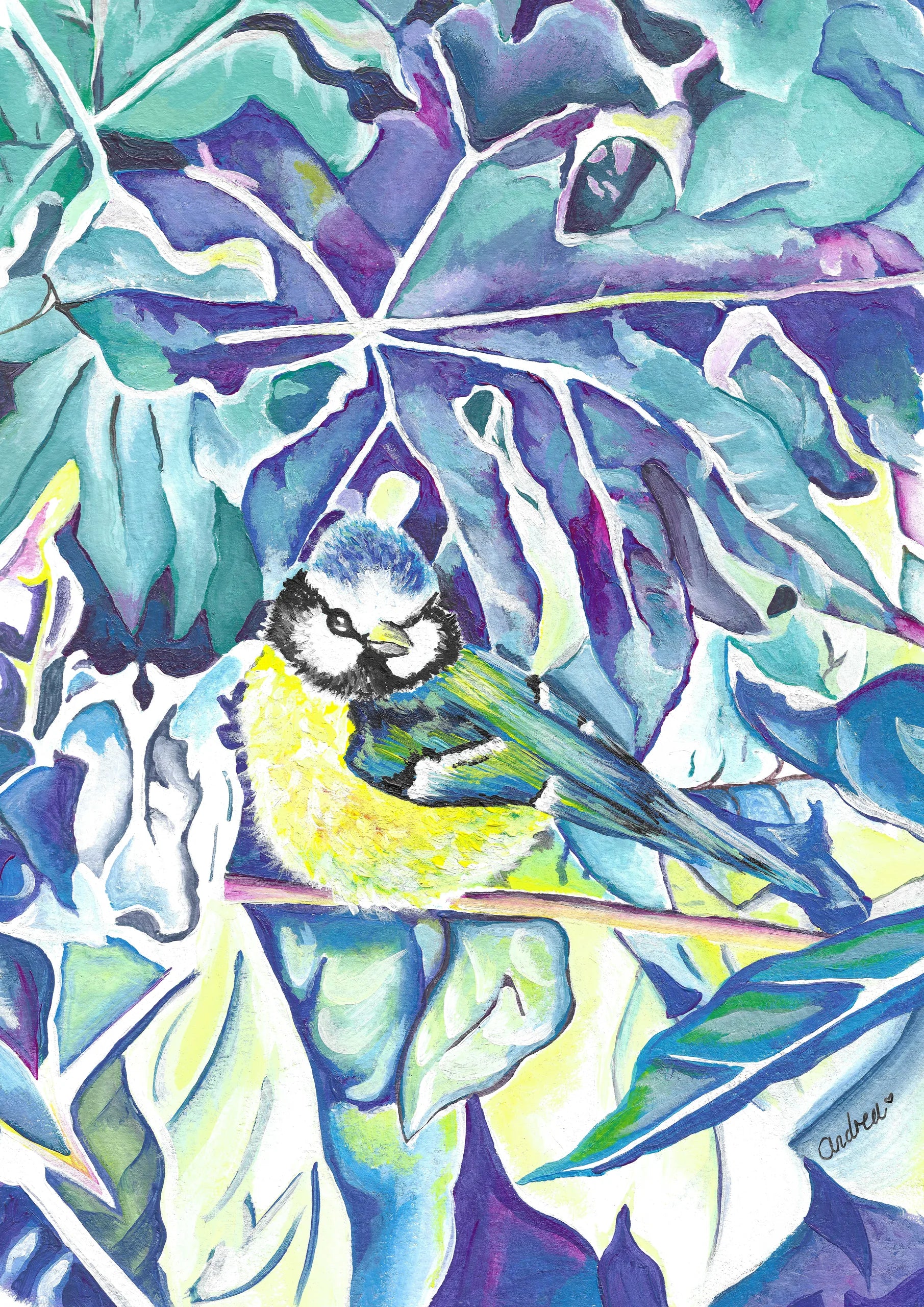 Blue tit painting perched on a branch among stylised blue, teal and yellow leaves, original acrylic garden bird artwork by Andrea Nicole. | an:role=art