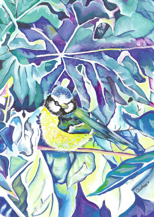 Blue tit painting perched on a branch among stylised blue, teal and yellow leaves, original acrylic garden bird artwork by Andrea Nicole.