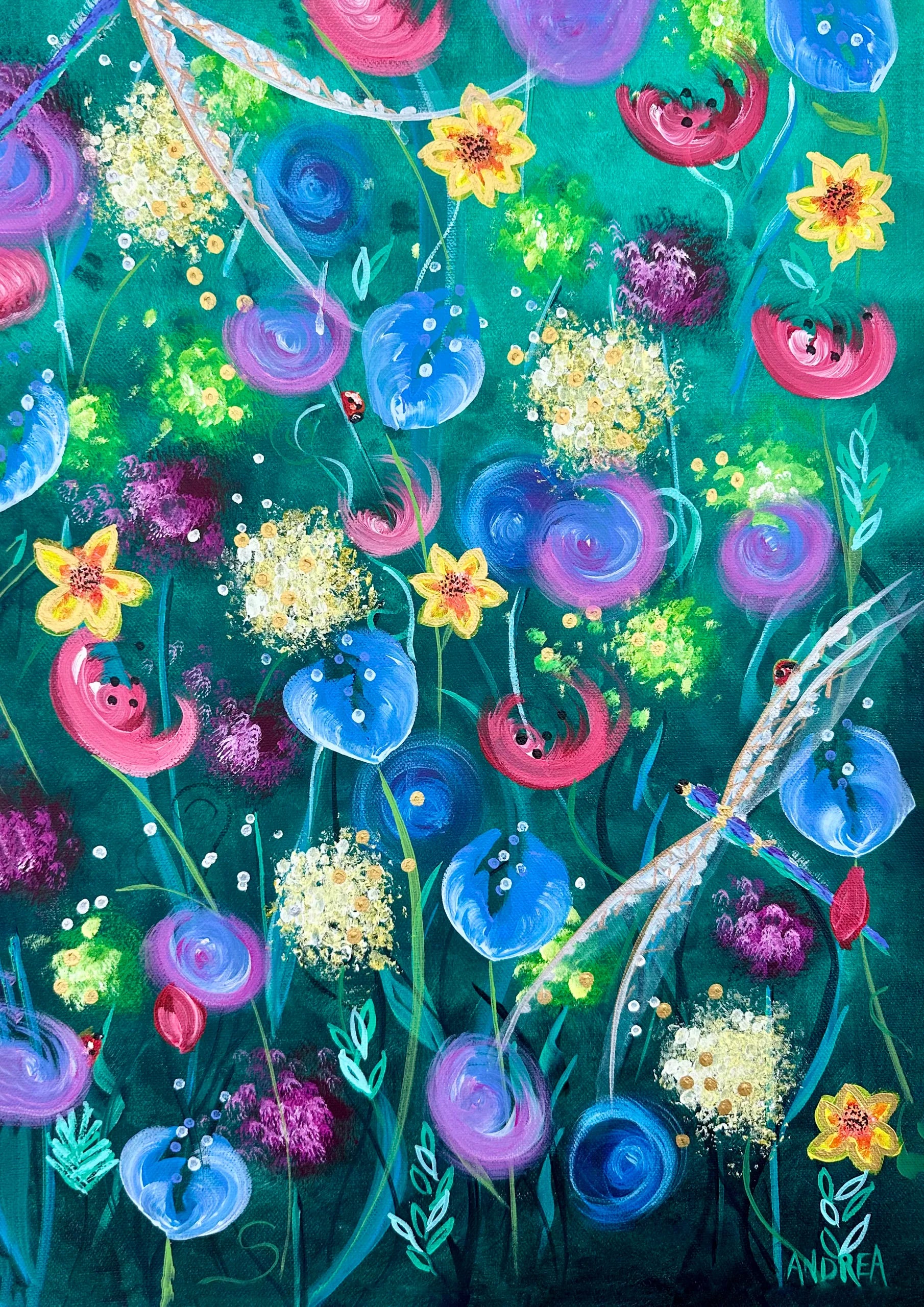 Original acrylic wildflower painting on deep teal, with blue alliums, pink poppies, daffodils and dragonflies, by Andrea Nicole. | an:role=art