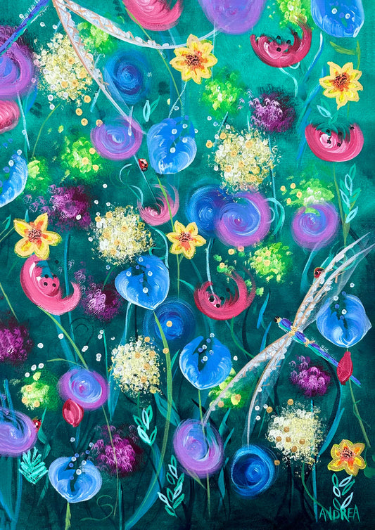 Original acrylic wildflower painting on deep teal, with blue alliums, pink poppies, daffodils and dragonflies, by Andrea Nicole.