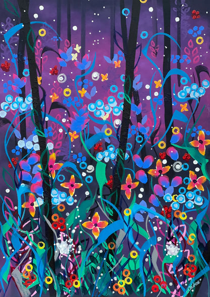 Original acrylic twilight floral painting of a dusk forest with jewel-toned wildflowers under a deep purple sky, by Andrea Nicole. | an:role=art
