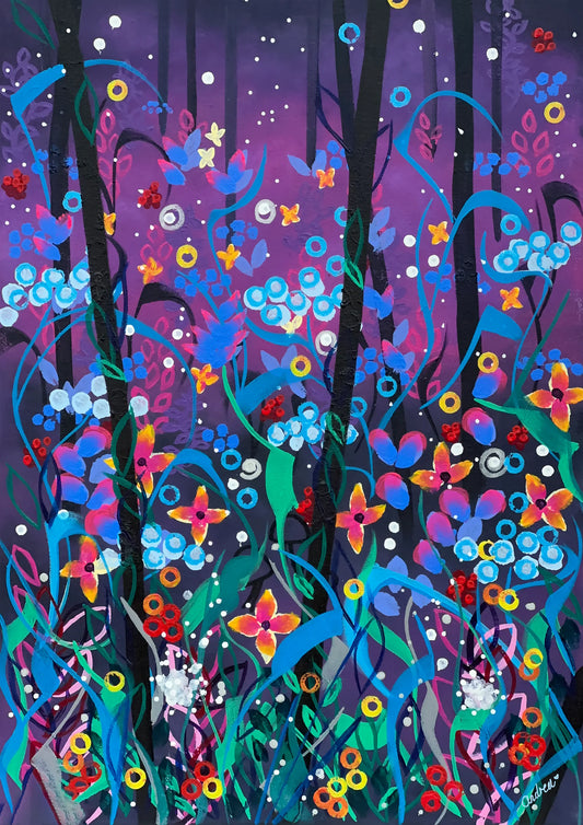 Original acrylic twilight floral painting of a dusk forest with jewel-toned wildflowers under a deep purple sky, by Andrea Nicole.