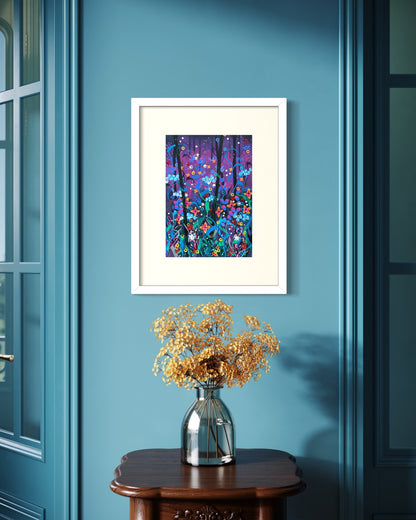 White framed A4 twilight floral painting on a dusty blue panelled wall beside French doors, with dried golden tansy in a clear glass bottle.