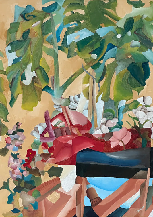 Original acrylic patio painting of a red director's chair among potted plants and flowers on a sunlit balcony, by Andrea Nicole.