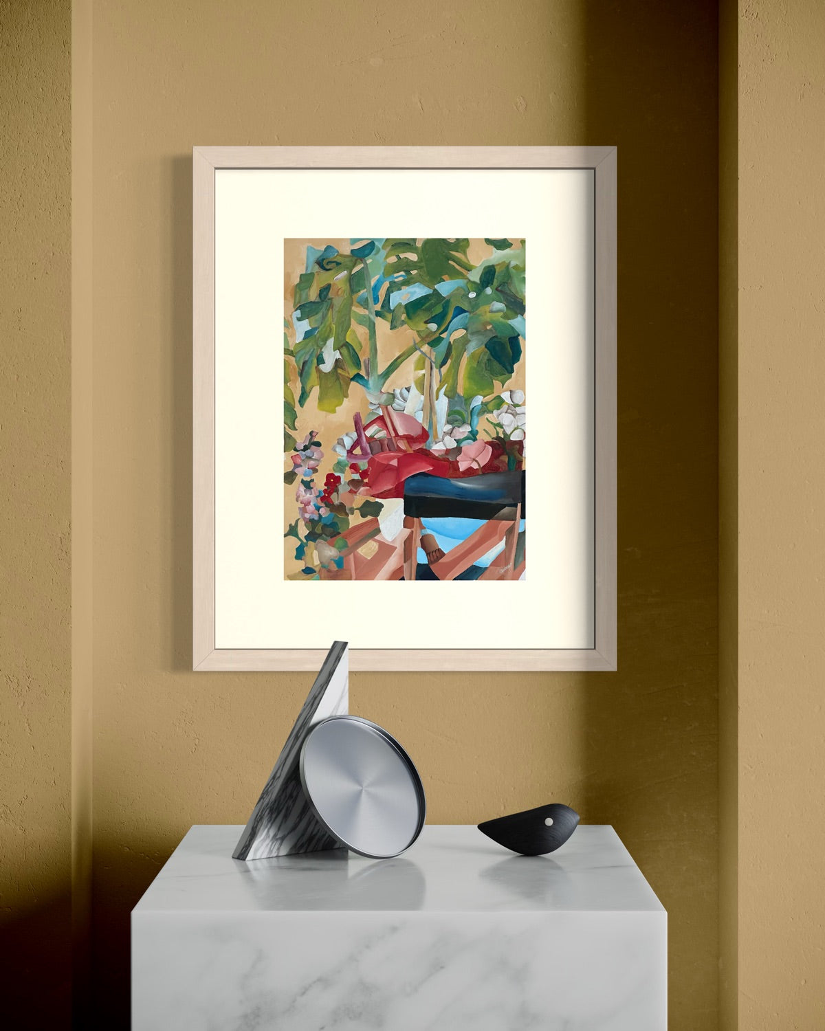 Natural wood A4 garden painting in an ochre alcove above a white marble plinth with a sculptural steel cone and small black bird figurine.