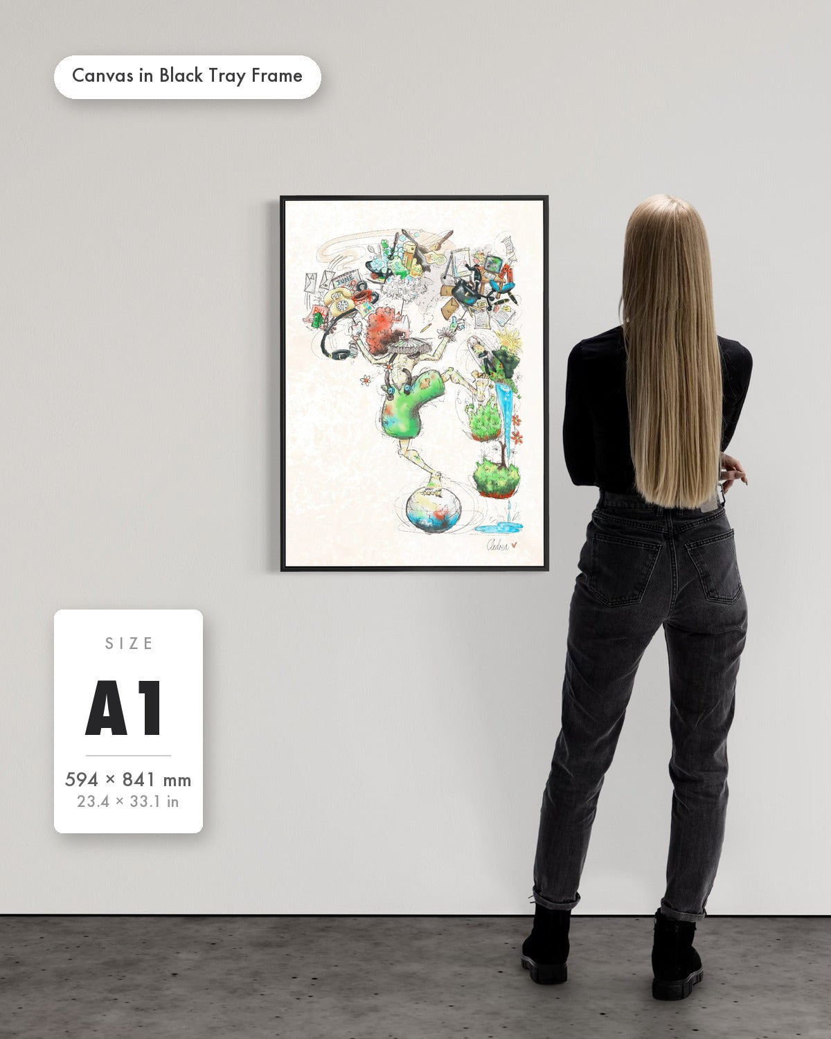 Andrea Nicole 'A Fragile Performance' fine art canvas in a black tray float frame, A1 — shown to scale on a gallery wall with a size guide card. | an:family=canvas;role=sizeref;size=A1;finish=black