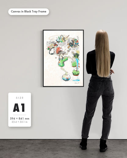Andrea Nicole 'A Fragile Performance' fine art canvas in a black tray float frame, A1 — shown to scale on a gallery wall with a size guide card. | an:family=canvas;role=sizeref;size=A1;finish=black