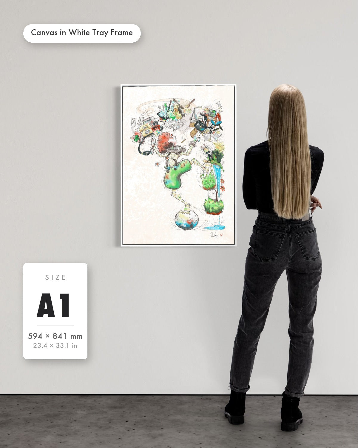 Andrea Nicole 'A Fragile Performance' fine art canvas in a white tray float frame, A1 — shown to scale on a gallery wall with a size guide card. | an:family=canvas;role=sizeref;size=A1;finish=white