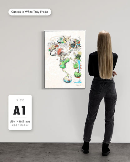Andrea Nicole 'A Fragile Performance' fine art canvas in a white tray float frame, A1 — shown to scale on a gallery wall with a size guide card. | an:family=canvas;role=sizeref;size=A1;finish=white