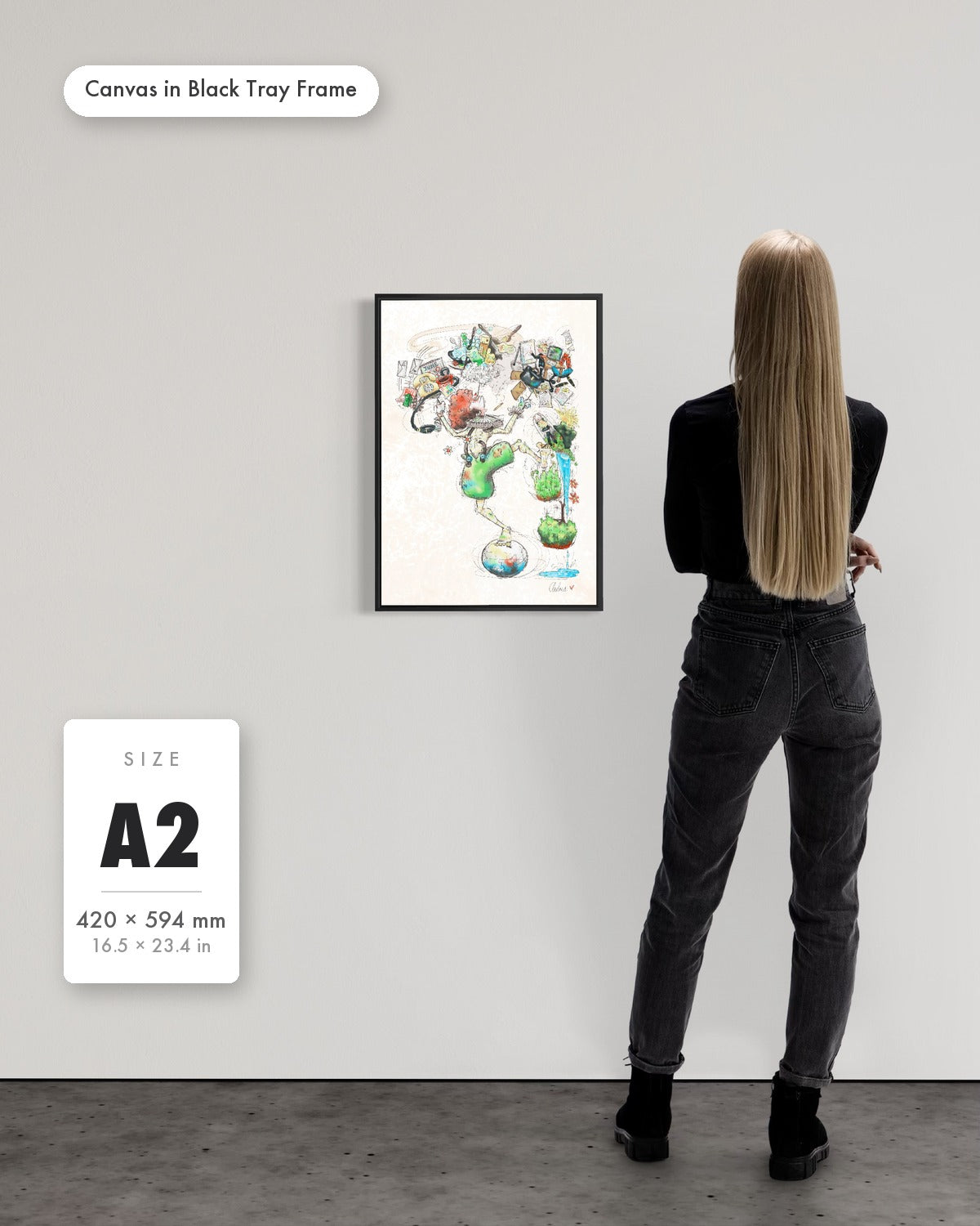 Andrea Nicole 'A Fragile Performance' fine art canvas in a black tray float frame, A2 — shown to scale on a gallery wall with a size guide card. | an:family=canvas;role=sizeref;size=A2;finish=black