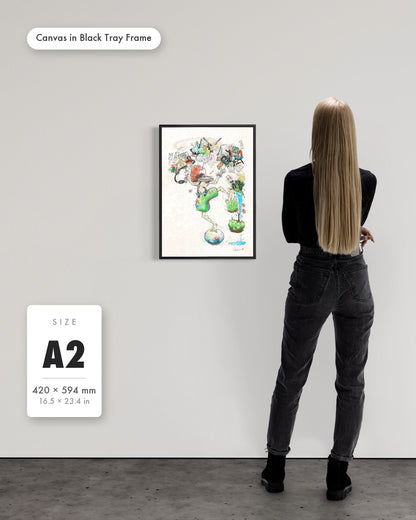 Andrea Nicole 'A Fragile Performance' fine art canvas in a black tray float frame, A2 — shown to scale on a gallery wall with a size guide card. | an:family=canvas;role=sizeref;size=A2;finish=black